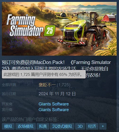 《模擬農場25》Steam褒貶不一:好評率僅65% 首發翻車 《模擬農場25》Steam褒貶不一:好評率僅65% 首發翻車