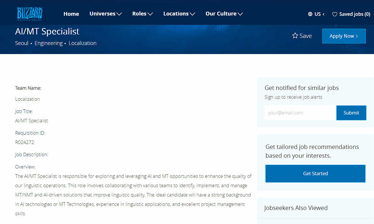 暴雪官網招聘訊息透露：正在招募AI/機器翻譯專家