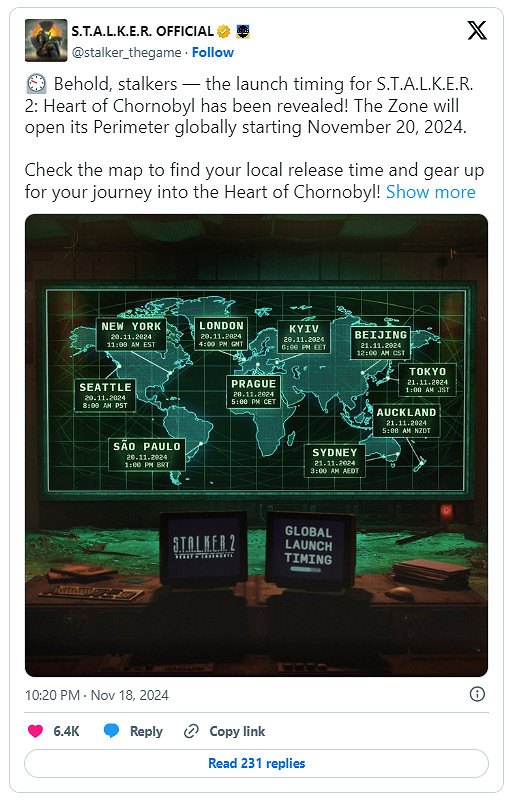 《潛行者2》全球發售時間公布：中國11月21日中午解鎖
