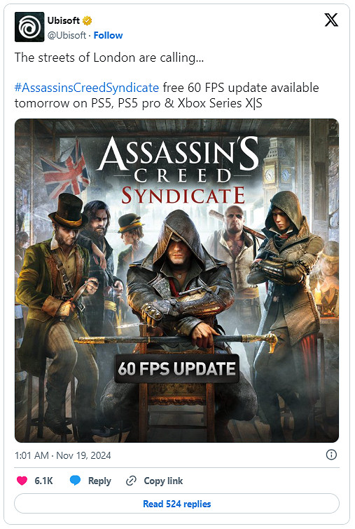 姍姍來遲!《刺客教條:梟雄》主機版60幀更新檔明日上線 姍姍來遲!《刺客教條:梟雄》主機版60幀更新檔明日上線