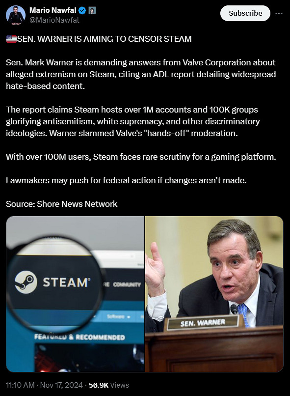 Steam將來有可能被美政府審查!美參議員:有大量的仇恨內容 Steam將來有可能被美政府審查!美參議員:有大量的仇恨內容