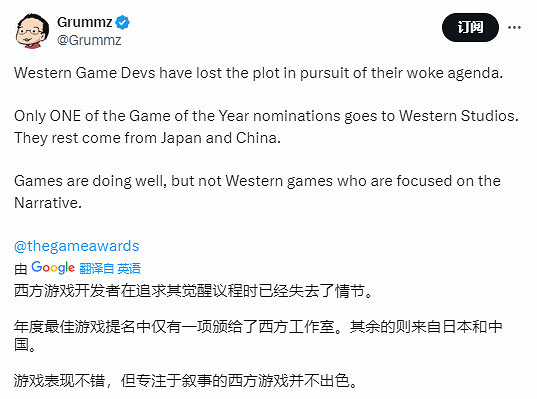 這時候不正確了？今年TGA年度提名只有一個來自西方