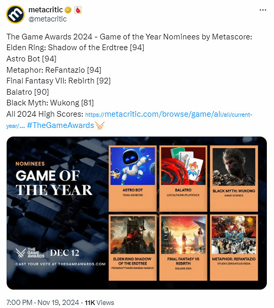 外媒就是強種！硬黑《黑神話》評分低不配年度提名！