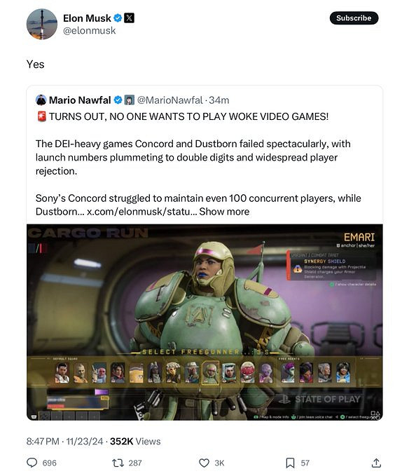 馬斯克也不想玩《星鳴特攻》:玩家需要好遊戲不是DEI