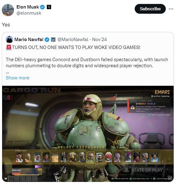 馬斯克點讚反DEI遊戲推文:沒人想玩這些垃圾遊戲 馬斯克點讚反DEI遊戲推文:沒人想玩這些垃圾遊戲