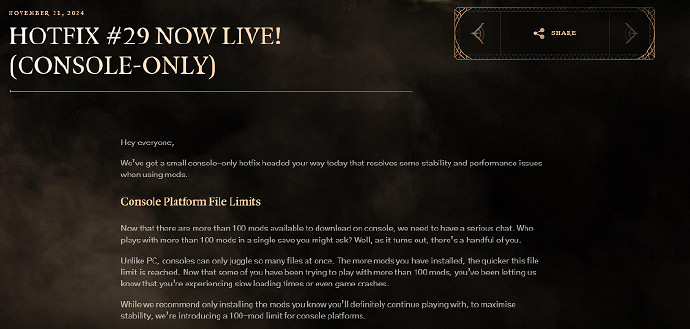 剛剛拉瑞安將主機平台《柏德之門3》mod上限設定為100