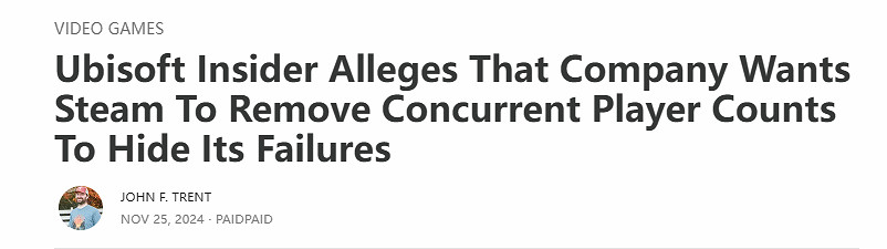 育碧讓Steam停止顯示玩家數量 企圖掩蓋新作慘淡現狀