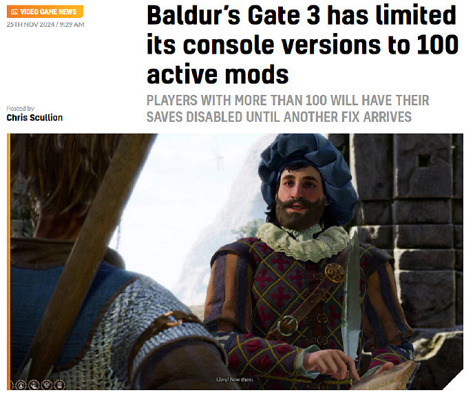 剛剛拉瑞安將主機平台《柏德之門3》mod上限設定為100