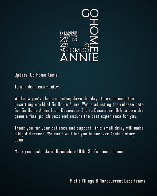 第一人稱心理恐怖遊戲《回家安妮》延期至12.10發售 第一人稱心理恐怖遊戲《回家安妮》延期至12.10發售