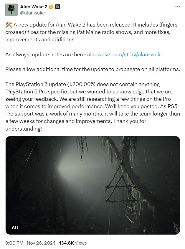 《心靈殺手2》開發商需要更長時間完善對PS5 Pro支援 《心靈殺手2》開發商需要更長時間完善對PS5 Pro支援