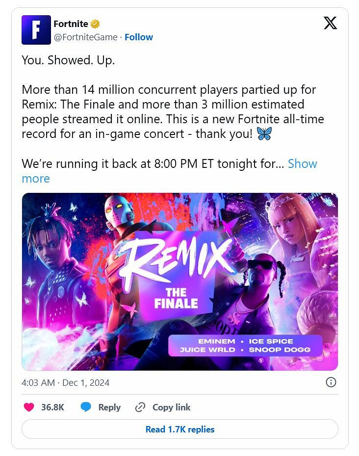 《要塞英雄》在音樂活動期間同時線上玩家超1400萬 《要塞英雄》在音樂活動期間同時線上玩家超1400萬