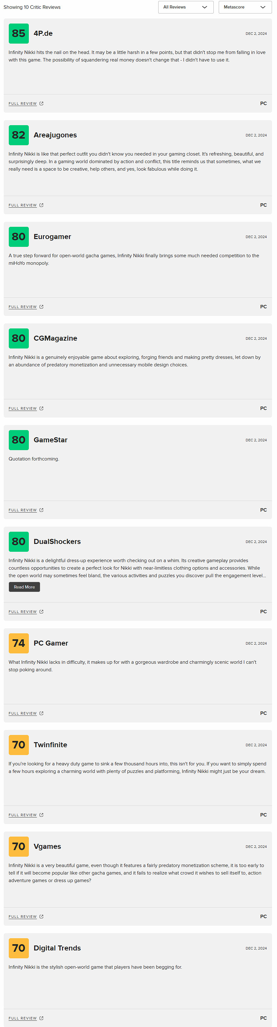 疊紙《無限暖暖》M站均分78分：抽卡遊戲的進步之作