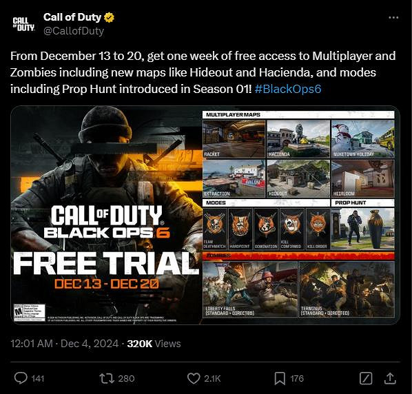 動視宣布 將於下周提供《決勝時刻:黑色行動6》的7天免費試玩 動視宣布 將於下周提供《決勝時刻:黑色行動6》的7天免費試玩