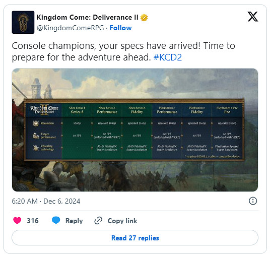 《天國:拯救2》主機版解析度/幀數:PS5 Pro可4K/60幀 《天國:拯救2》主機版解析度/幀數:PS5 Pro可4K/60幀