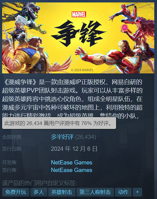 《漫威爭鋒》Steam多半好評：挺好玩的 漫威粉狂喜！