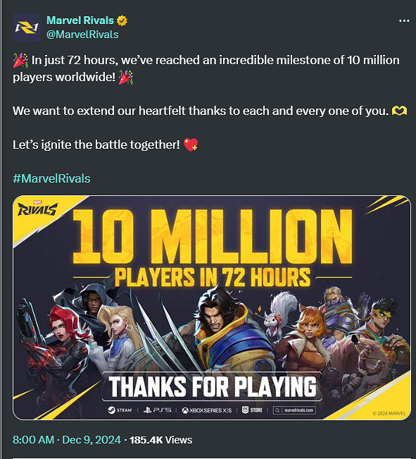 好評連連!《漫威爭鋒》在72小時內玩家人數破1000萬 好評連連!《漫威爭鋒》在72小時內玩家人數破1000萬