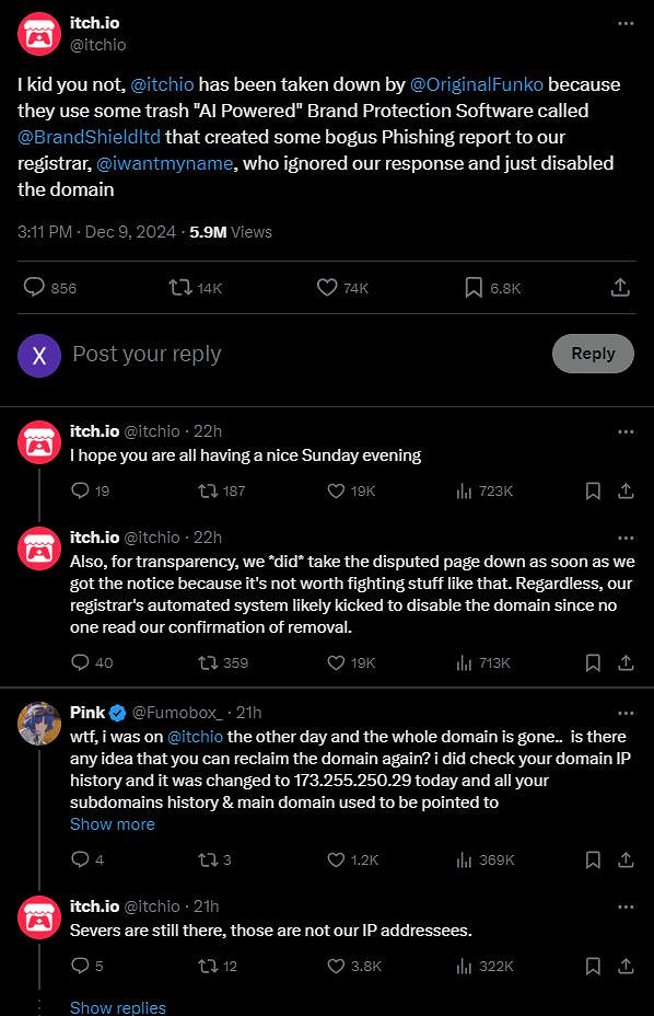 獨立遊戲平台網站itch.io因Funko公司提交錯誤的釣魚網站報告而遭下架 獨立遊戲平台網站itch.io因Funko公司提交錯誤的釣魚網站報告而遭下架