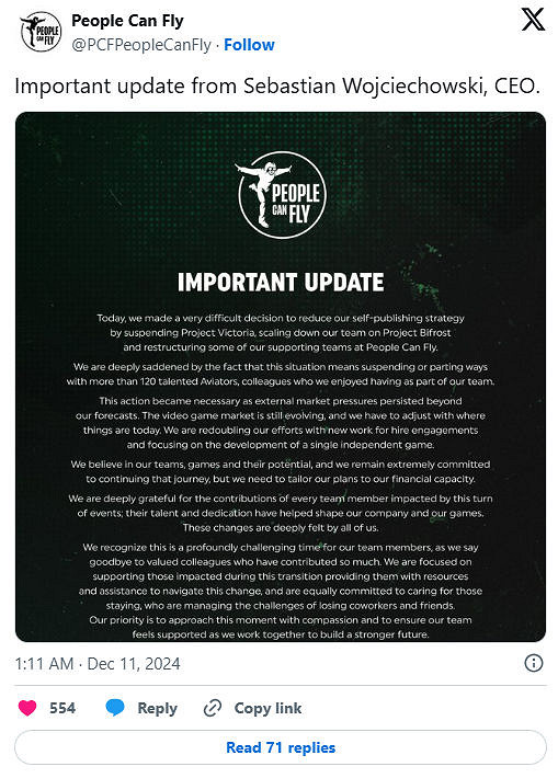 《先遣戰士》開發商People Can Fly取消多個項目再裁員 《先遣戰士》開發商People Can Fly取消多個項目再裁員