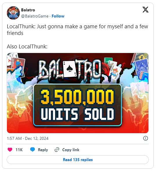 《小醜牌》官方今日宣布：遊戲全球銷量已突破350萬份