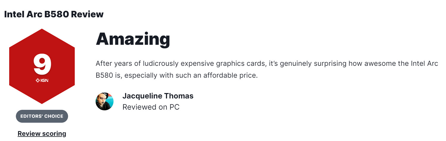 英特爾Arc B580顯卡IGN 9分:極高的性價比 英特爾Arc B580顯卡IGN 9分:極高的性價比
