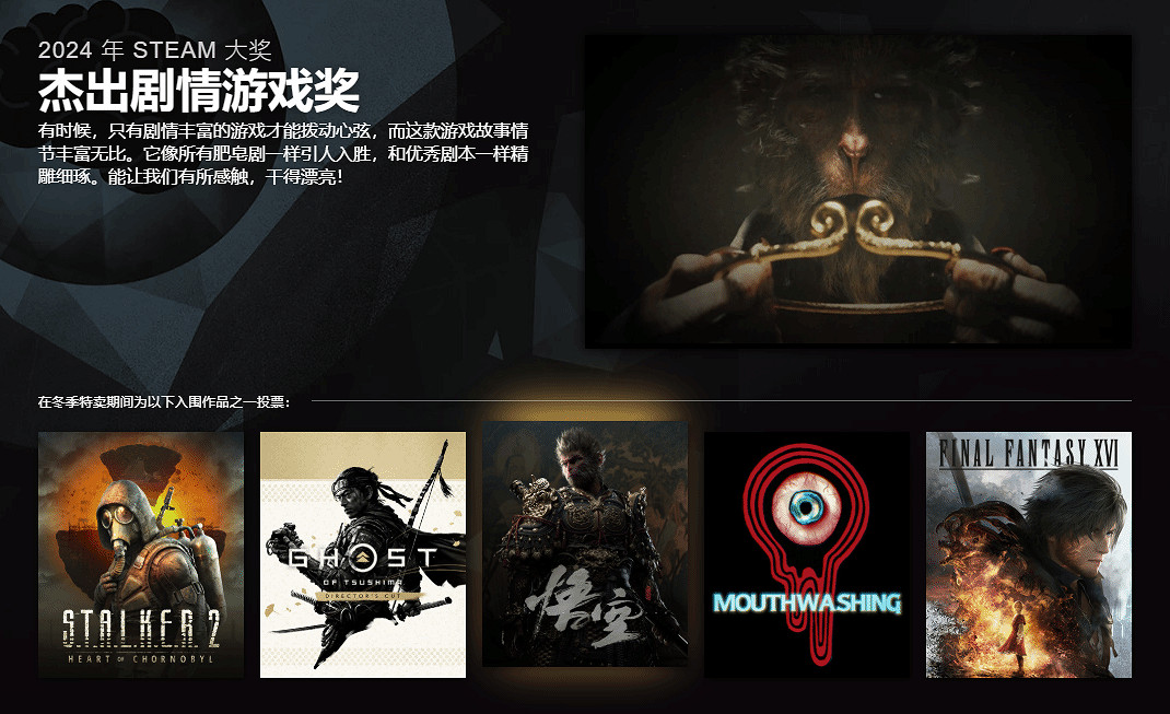 Steam年度大獎提名公開：《黑神話》喜提三項提名！
