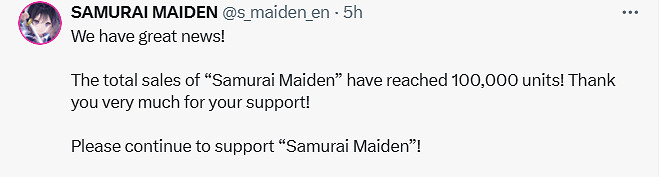 《武士少女》全球銷量現已突破10萬份！官方發文致謝