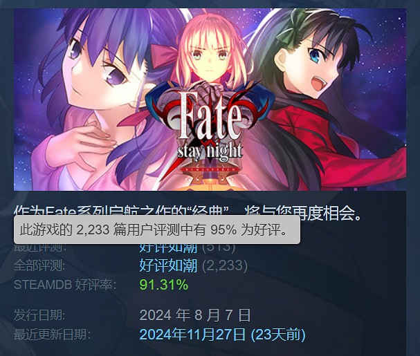 人氣依舊！《Fate/stay night  復刻版》銷量突破10萬