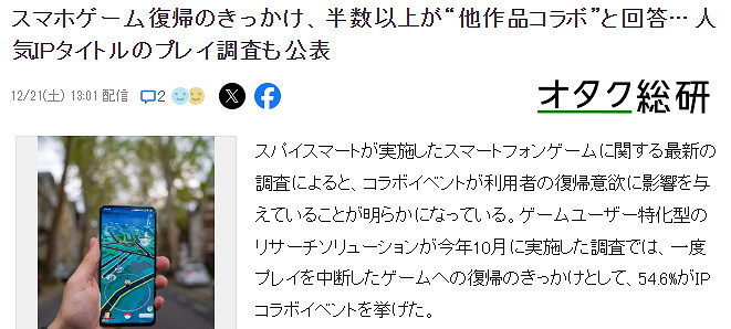日媒新調查 半數以上玩家手遊回歸是因與感興趣IP連動 日媒新調查 半數以上玩家手遊回歸是因與感興趣IP連動
