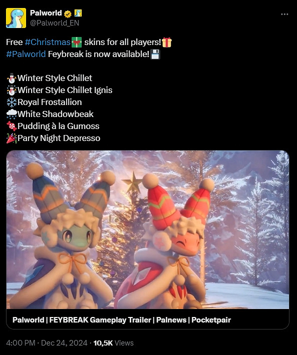 香！《幻獸帕魯》六款聖誕皮膚免費送！宣傳片已上線