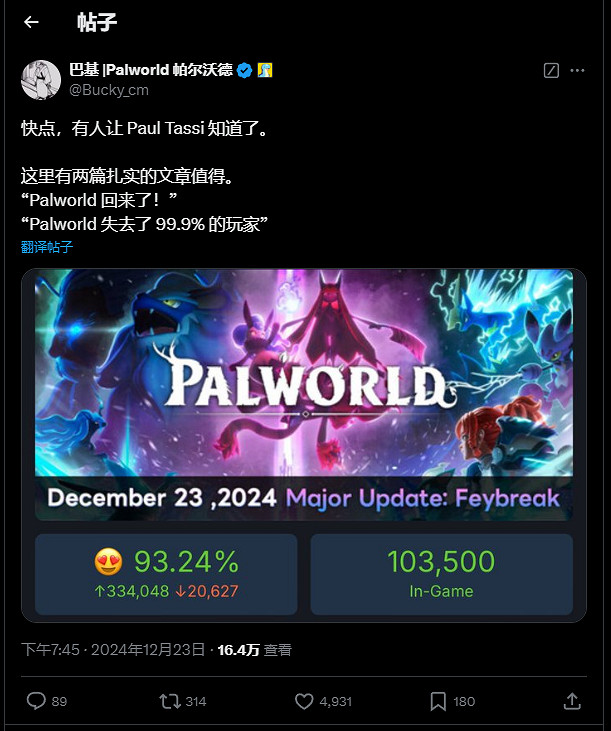 外媒嘲諷帕魯流失99%玩家被打臉 更新後超13萬人線上! 外媒嘲諷帕魯流失99%玩家被打臉 更新後超13萬人線上!