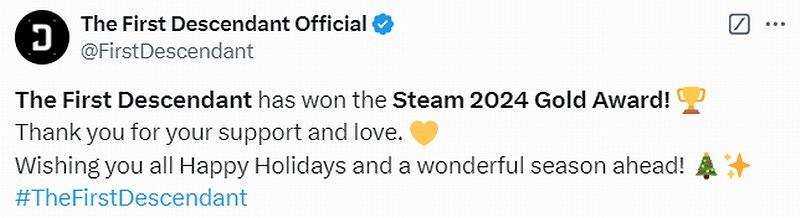 《第一繼承者》獲2024年Steam金獎 官方發文感謝玩家