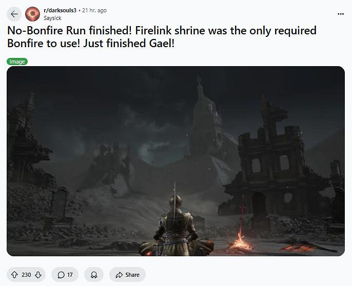 喜歡自虐?玩家挑戰不坐篝火通關魂遊《黑暗之魂3》! 喜歡自虐?玩家挑戰不坐篝火通關魂遊《黑暗之魂3》!