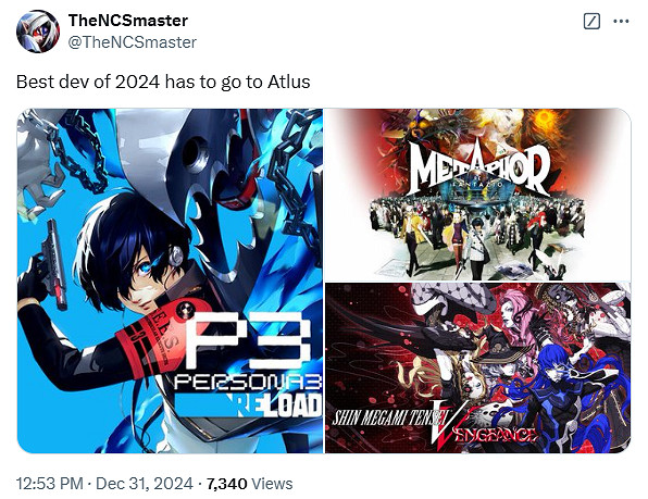 推主稱讚Atlus是年度最佳開發公司：全是高分遊戲！