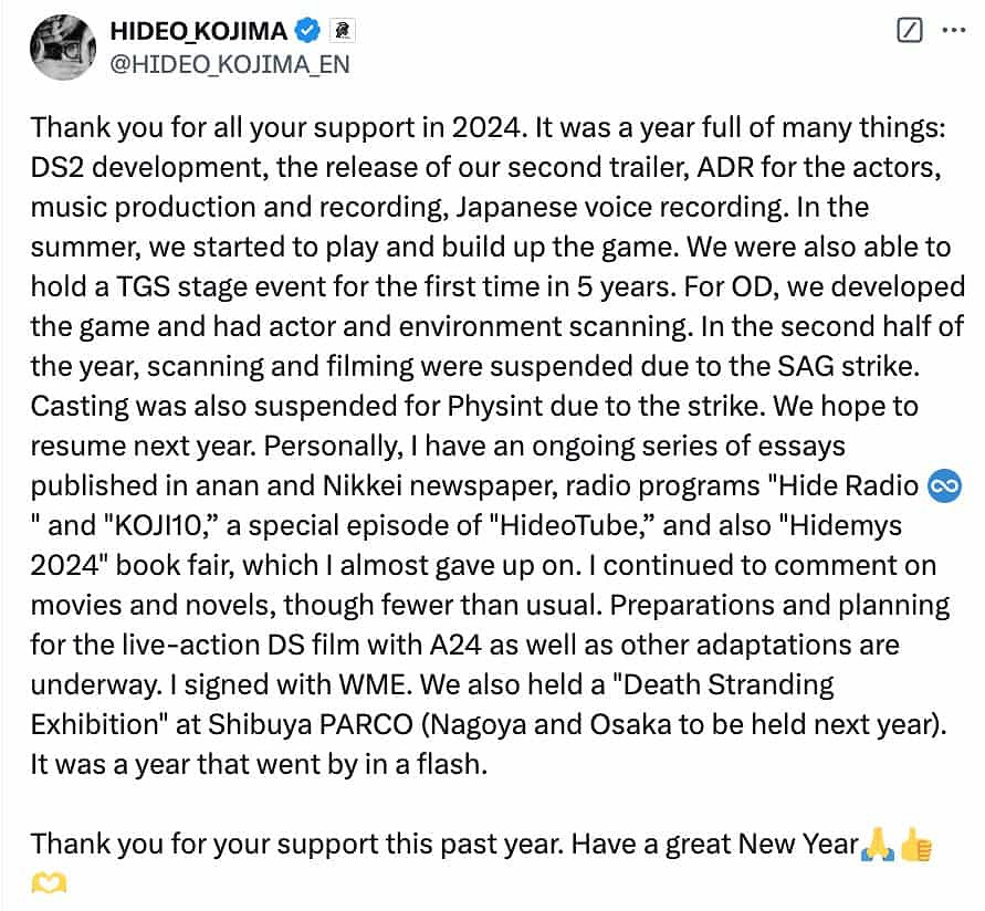 小島發文總結24年工作內容 同時開發《死亡擱淺2》等