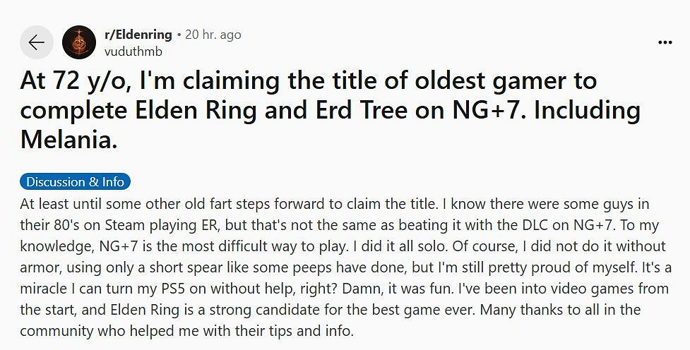 72歲老玩家打通《艾爾登法環》本體及DLC八周目