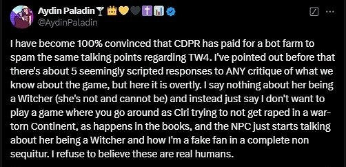 《巫師4》爭議不斷:疑似CDPR雇傭機器人水軍辯護! 《巫師4》爭議不斷:疑似CDPR雇傭機器人水軍辯護!