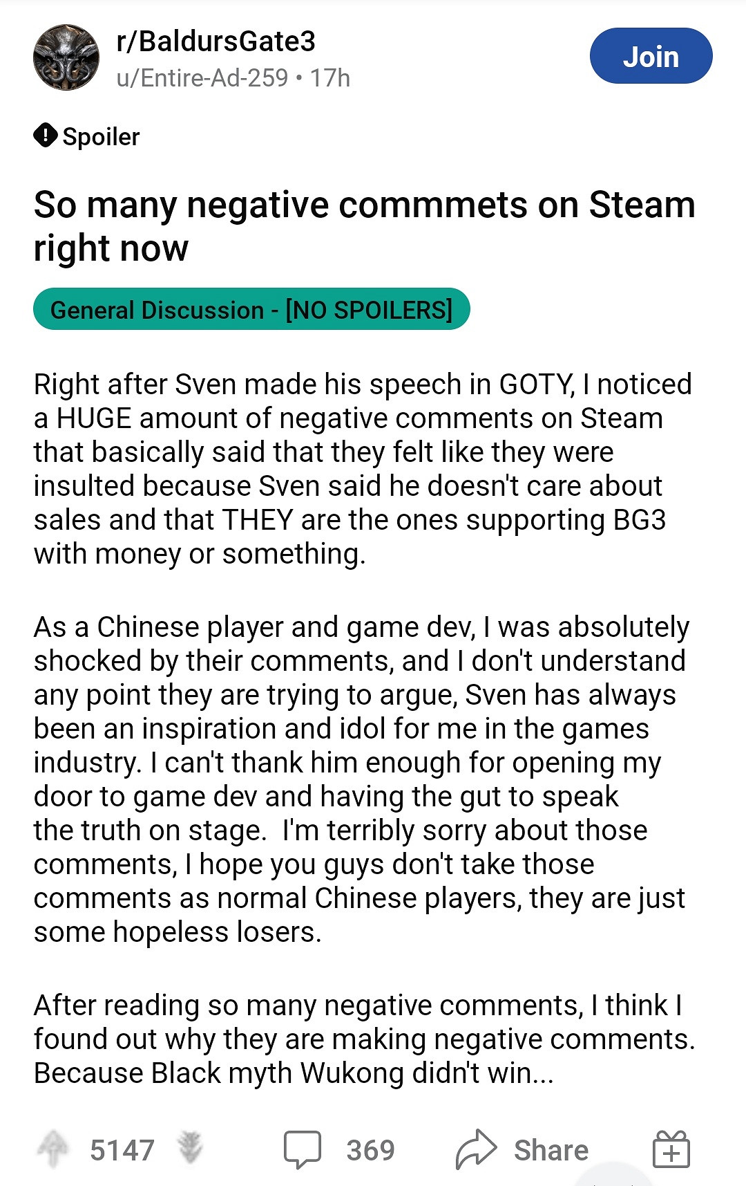 《黑神話》落選TGA年度遊戲後 《柏德之門3》遭玩家差評轟炸