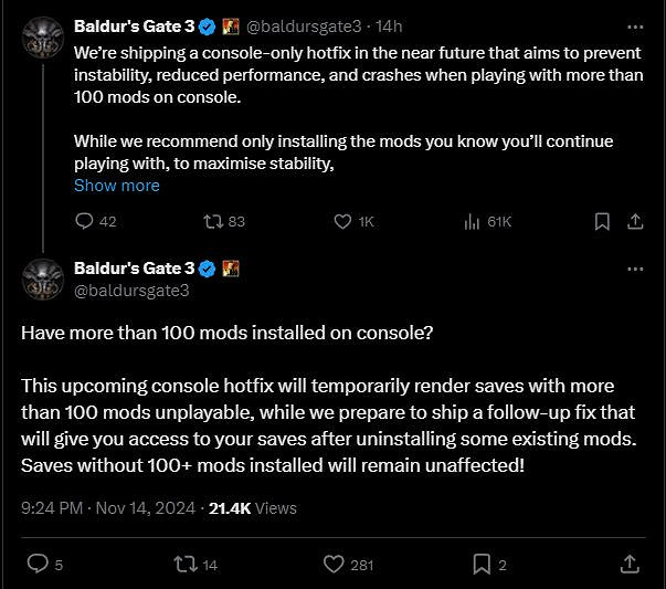 拉瑞安提醒《柏德之門3》主機版玩家 MOD打太多將影響存檔 拉瑞安提醒《柏德之門3》主機版玩家 MOD打太多將影響存檔