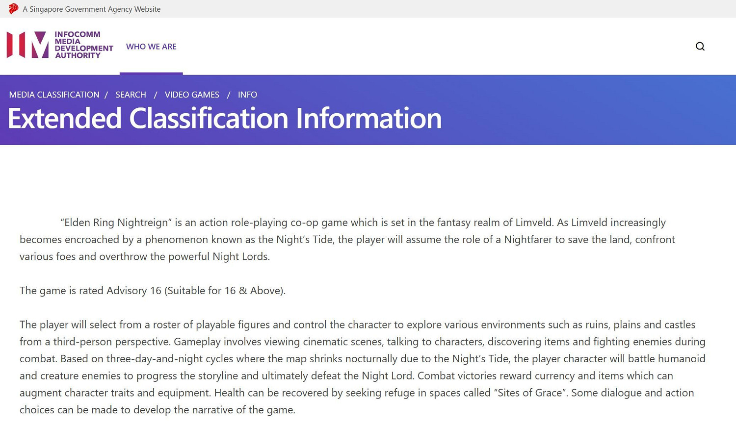 中度暴力16+!《艾爾登法環:黑夜君臨》在新加坡獲評級 中度暴力16+!《艾爾登法環:黑夜君臨》在新加坡獲評級