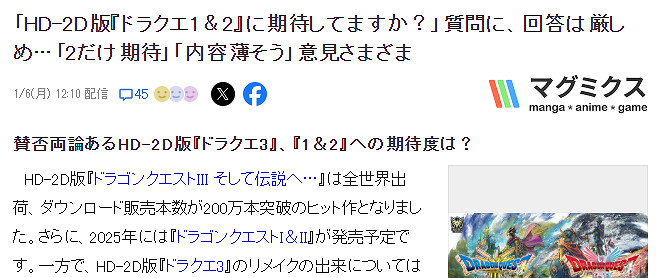 玩調《勇者鬥惡龍》HD-2D版前兩部期待度 1代沒人氣