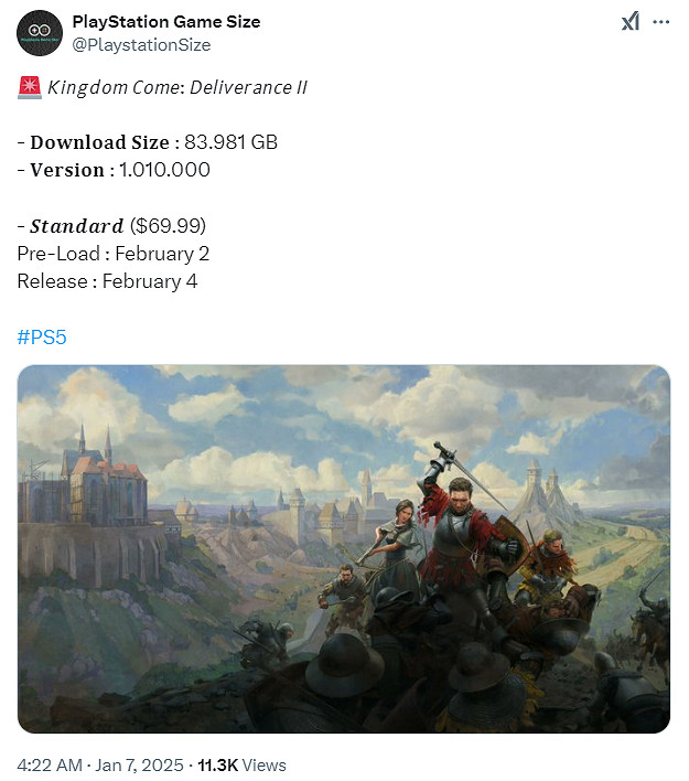 2月4日發售!《天國降臨: 救贖2》PS5版下載容量接近84GB 2月4日發售!《天國降臨: 救贖2》PS5版下載容量接近84GB