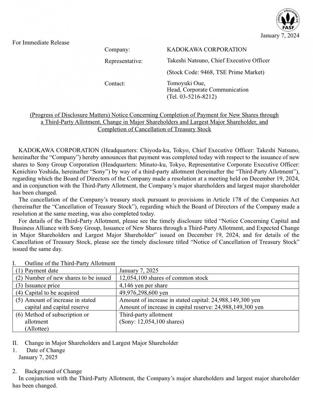 索尼已交清3.3億美元付款 正式成為角川最大股東