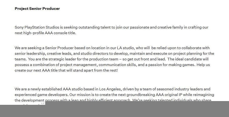 索尼招聘訊息暴露已在洛杉磯建立新工作室!開發3A遊戲