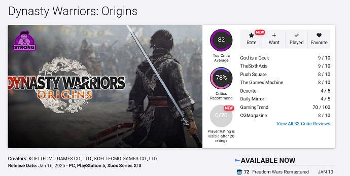 《真三國無雙 起源》媒體評分已出 大部分打出好評