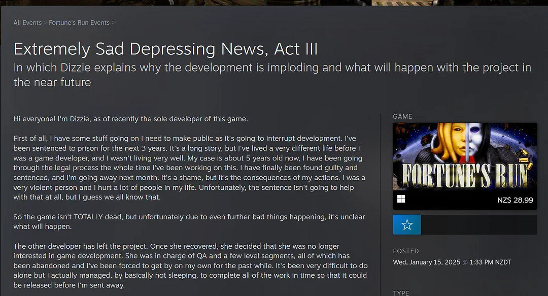 《好運來了》開發者被捕入獄3年！遊戲仍處於搶先體驗