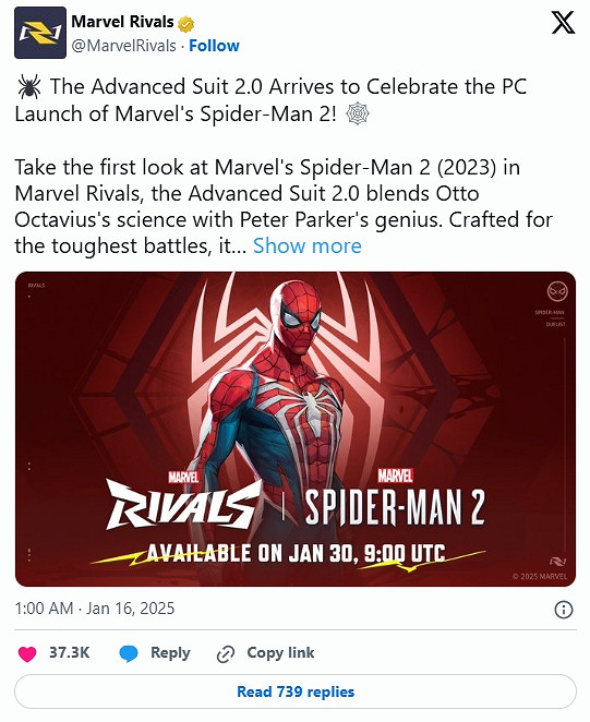 《漫威爭鋒》將推出蜘蛛人新戰衣!慶祝蜘蛛人2登陸PC