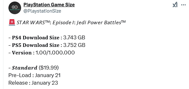 《星際大戰前傳1:幽靈的威脅》PS版容量曝光!約3.7GB 《星際大戰前傳1:幽靈的威脅》PS版容量曝光!約3.7GB