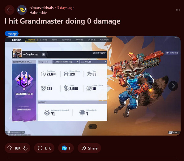 玩家在《漫威爭鋒》中完成“零輸出”挑戰!並登上大師!