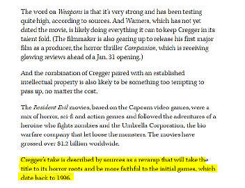 惡靈古堡新真人電影或已在重啟 回歸遊戲恐怖基調