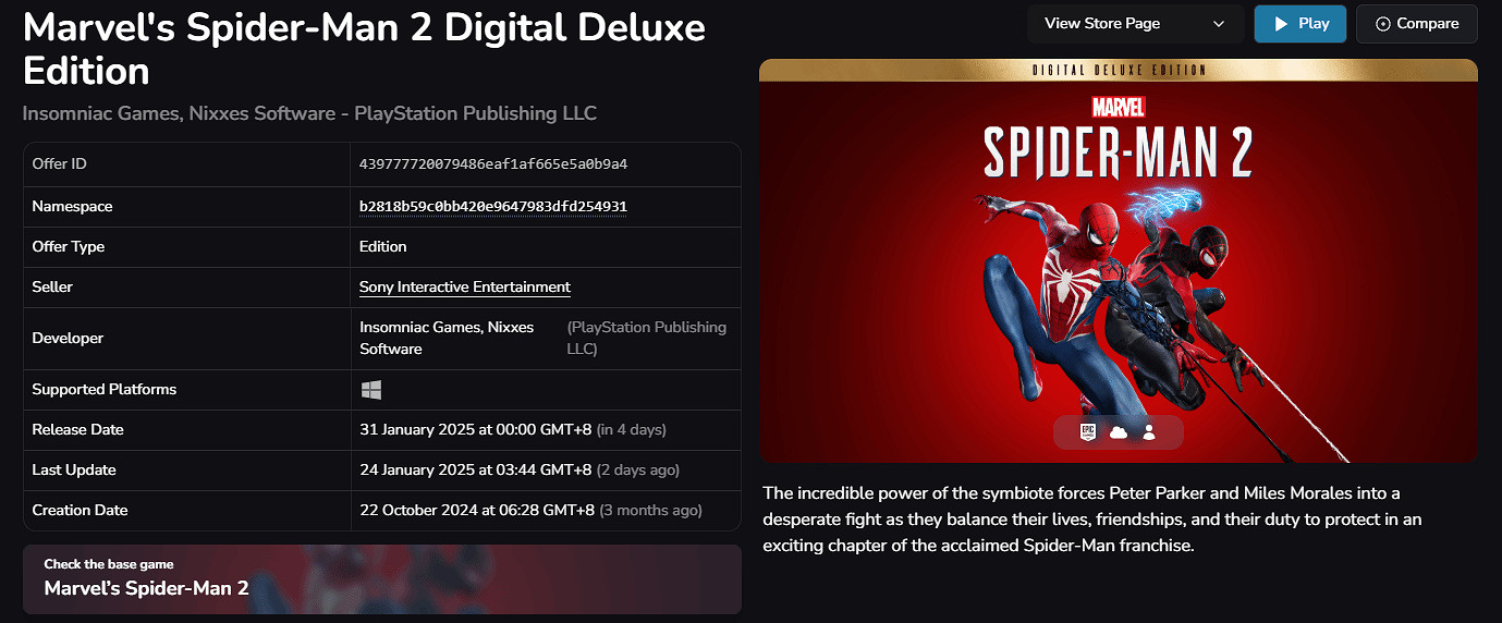《漫威蜘蛛人2》Epic版價格泄露 標準版或賣398元! 《漫威蜘蛛人2》Epic版價格泄露 標準版或賣398元!